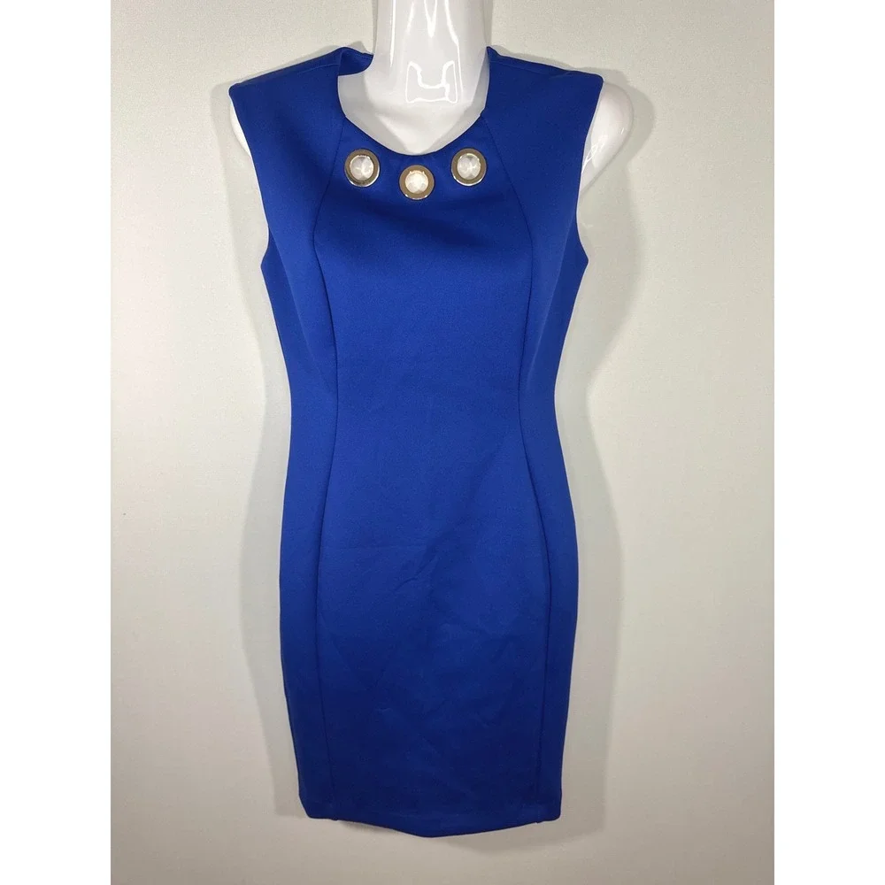 Calvin Klein Womens Royal Blue Grommet Neck Sleeveless Sheath Dress Size‎ 2